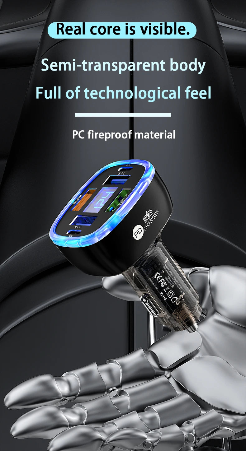 Ładowarka samochodowa UYUXIO USB C 6 w 1 z wyświetlaczem.