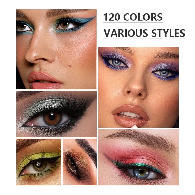 Paleta 120 cieni do powiek z brokatem, matowym i połyskującym.