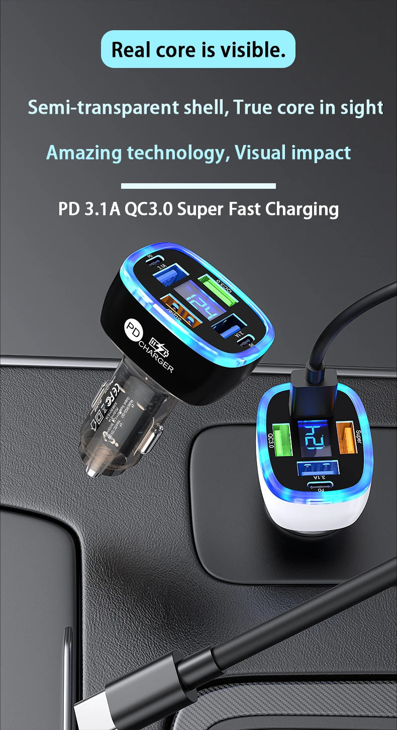 Ładowarka samochodowa UYUXIO USB C 6 w 1 z wyświetlaczem.