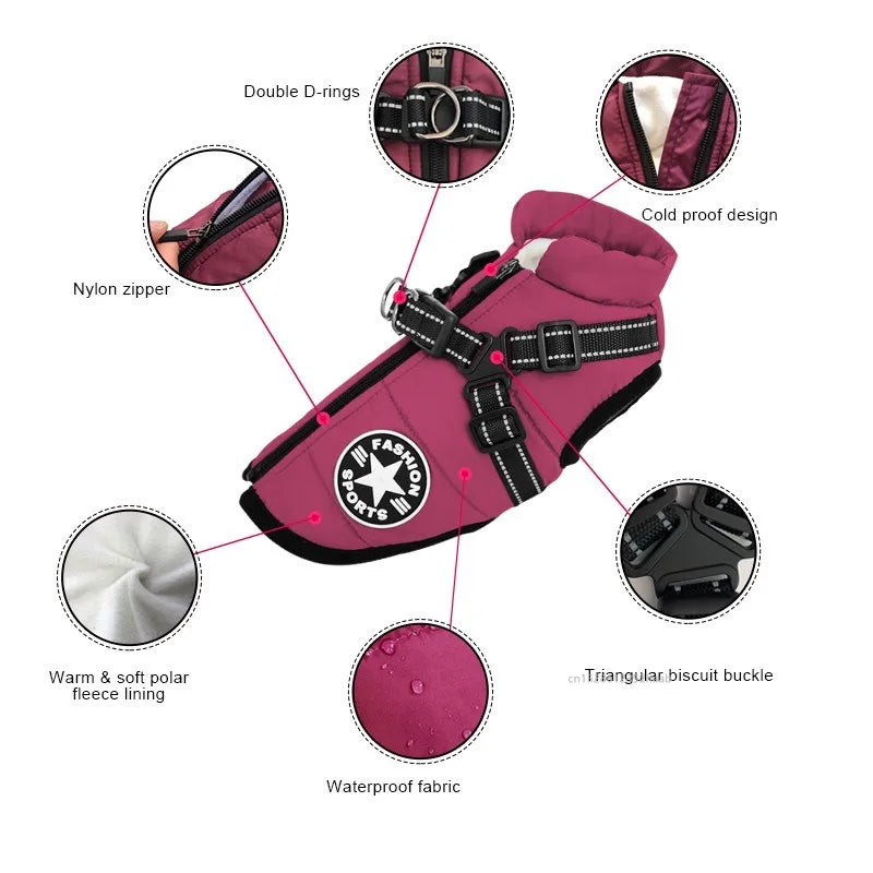 Zimowa ciepła kurtka dla psa z uprzężą Wodoodporna