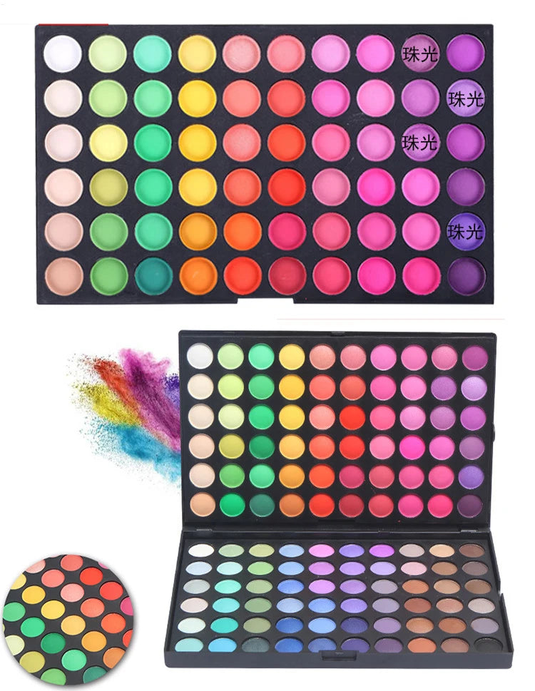 Paleta 120 cieni do powiek z brokatem, matowym i połyskującym.