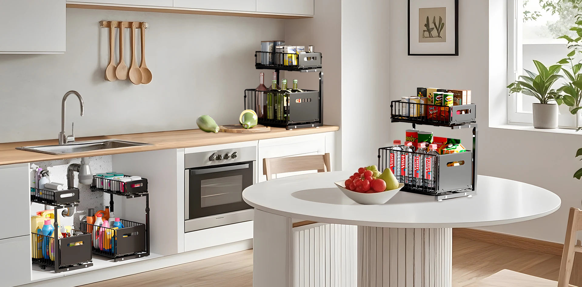 2-poziomowy wysuwany organizer do szafek Regulowany regał.