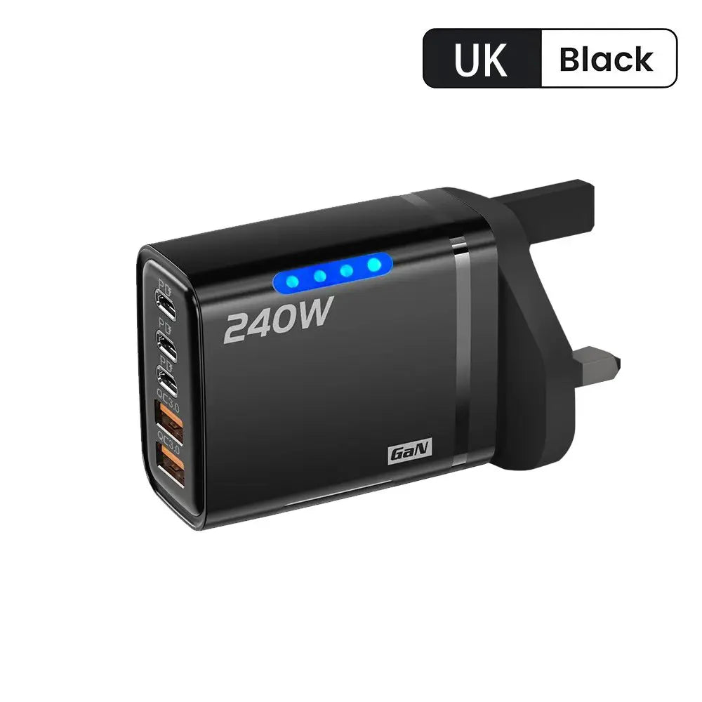 5 v 1 GaN USB C nabíjačka, 240W rýchlonabíjací adaptér, 10A kábel USB-C, 3PD 2USB QC3.0 nabíjačka pre iPhone 16, Samsung a Xiaomi