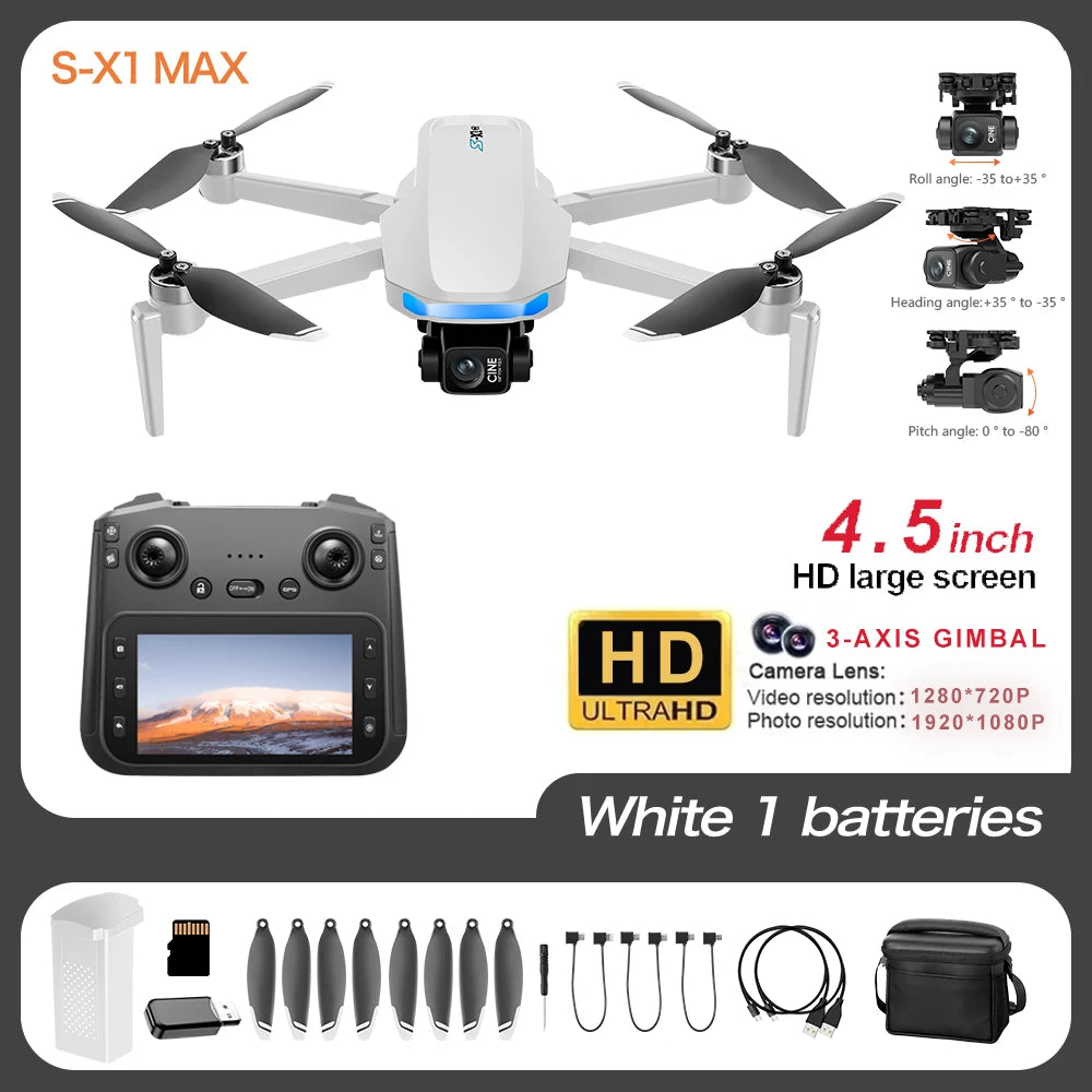 Nowy dron S-X1 MAX GPS z profesjonalną kamerą 4K, 3-osiowym gimbalem, bezszczotkowym silnikiem FPV i dużym ekranem zdalnego sterowania oraz składaną konstrukcją.