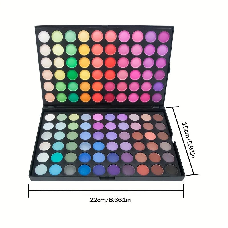 Paleta 120 cieni do powiek z brokatem, matowym i połyskującym.