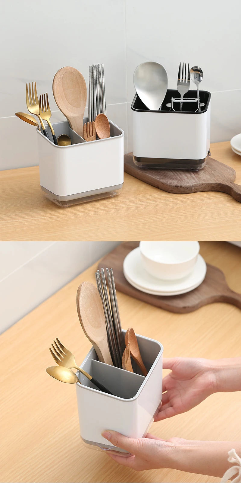 Wielofunkcyjny uchwyt do przechowywania łyżek i widelców.