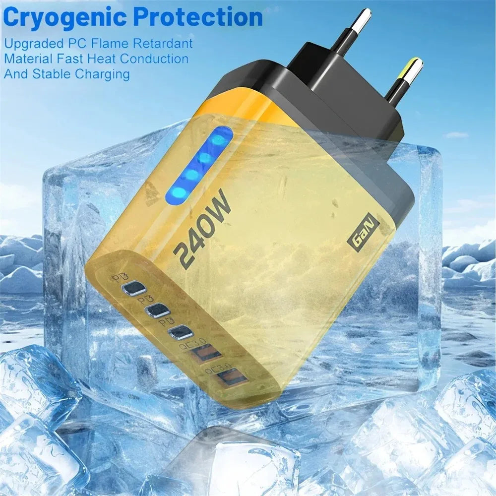 5 v 1 GaN USB C nabíjačka, 240W rýchlonabíjací adaptér, 10A kábel USB-C, 3PD 2USB QC3.0 nabíjačka pre iPhone 16, Samsung a Xiaomi