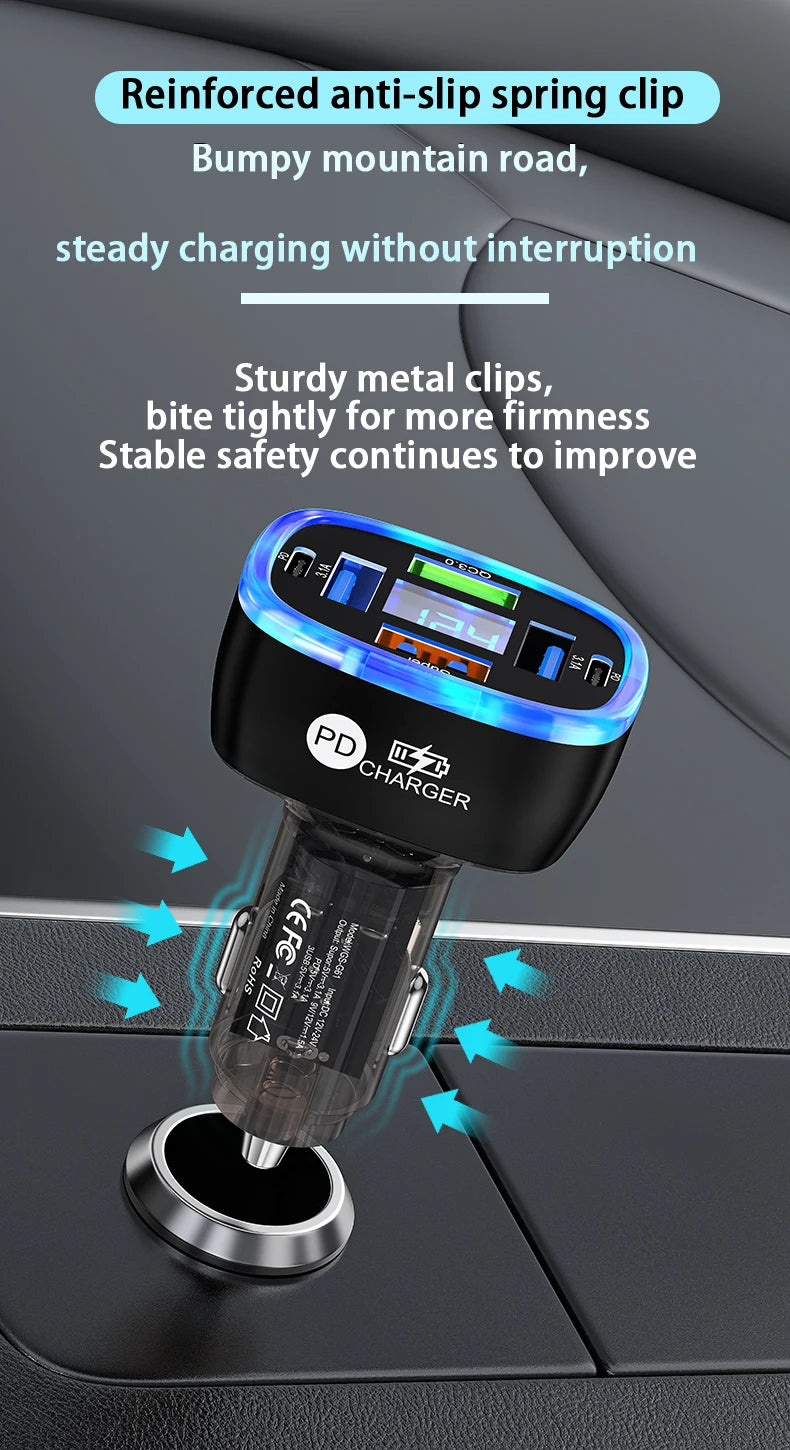 Ładowarka samochodowa UYUXIO USB C 6 w 1 z wyświetlaczem.