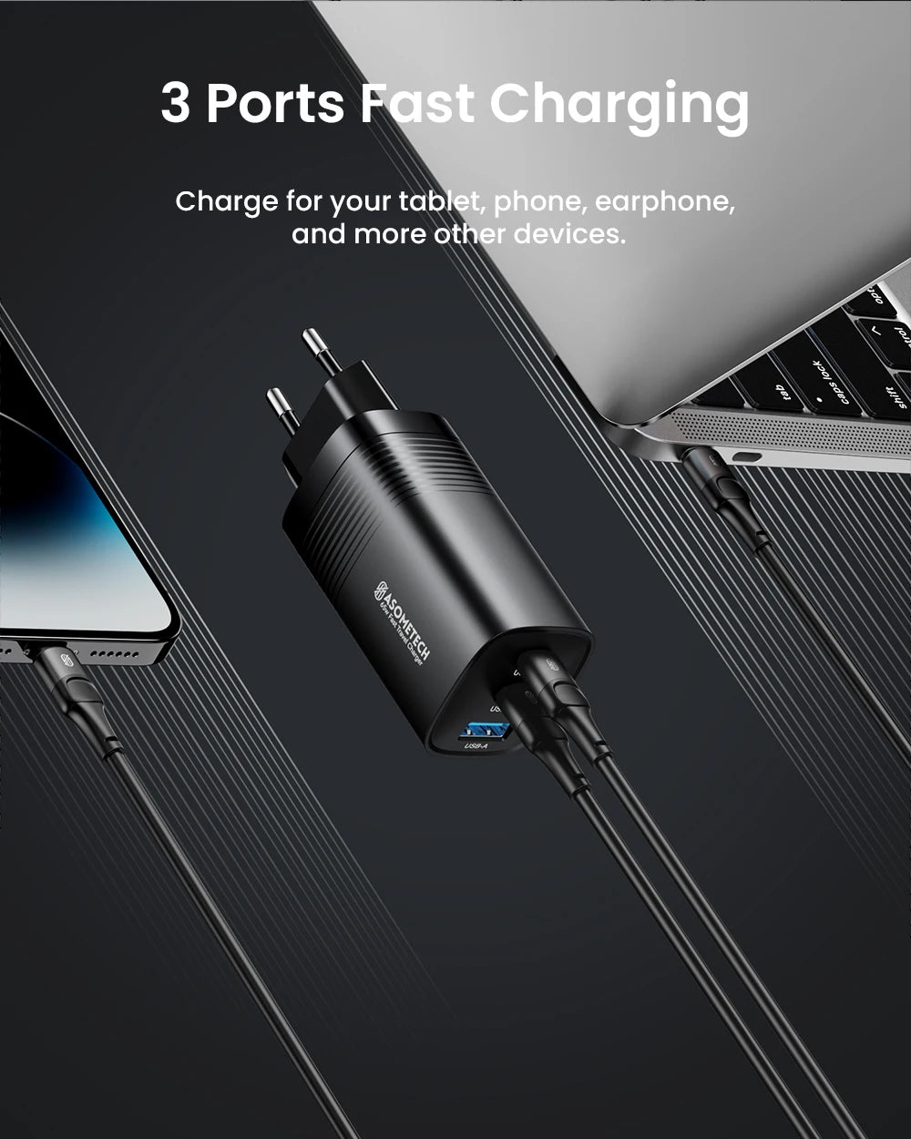 Ładowarka ASOMETECH GaN USB typu C 65 W 45 W PPS PD QC4.0 Szybka ładowarka do laptopów Macbook, tabletów iPad, iPhone'ów 16 i Samsung S23 Ultra
