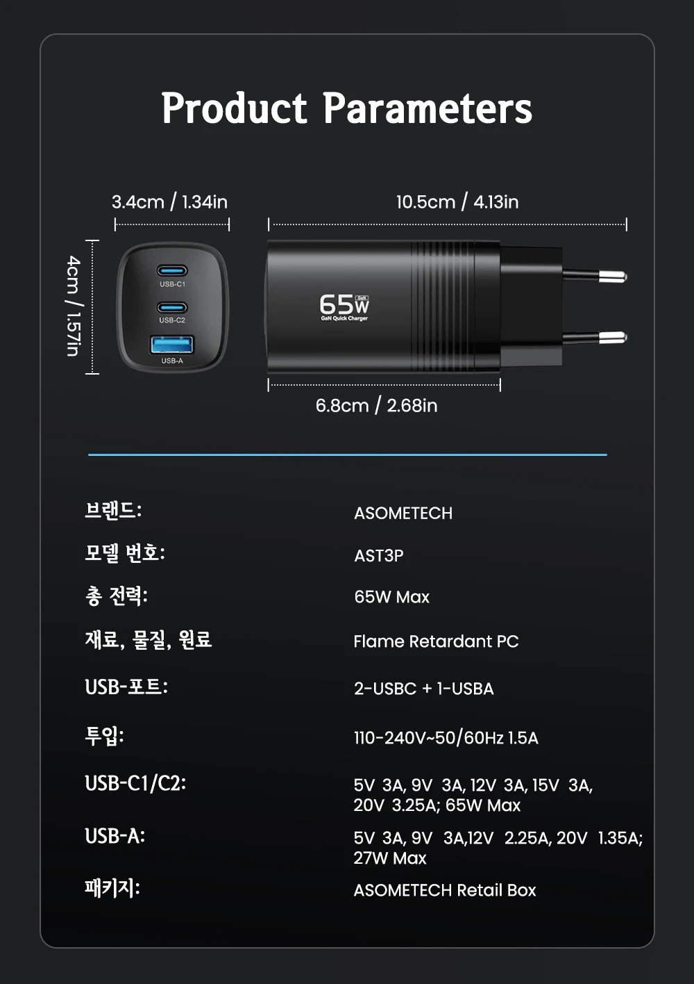 Ładowarka ASOMETECH GaN USB typu C 65 W 45 W PPS PD QC4.0 Szybka ładowarka do laptopów Macbook, tabletów iPad, iPhone'ów 16 i Samsung S23 Ultra