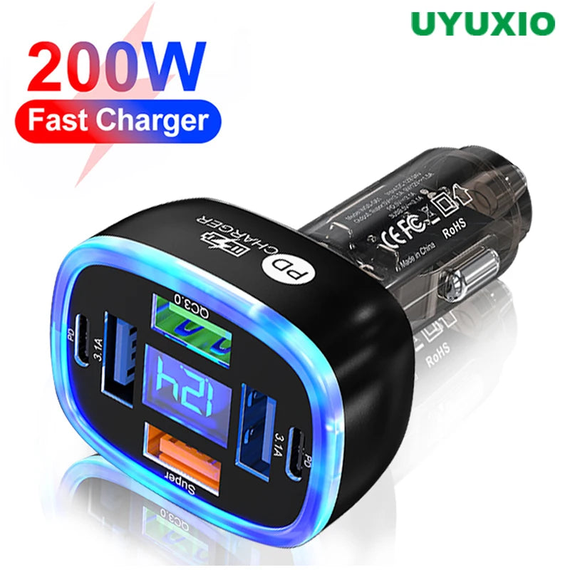Ładowarka samochodowa UYUXIO USB C 6 w 1 z wyświetlaczem.