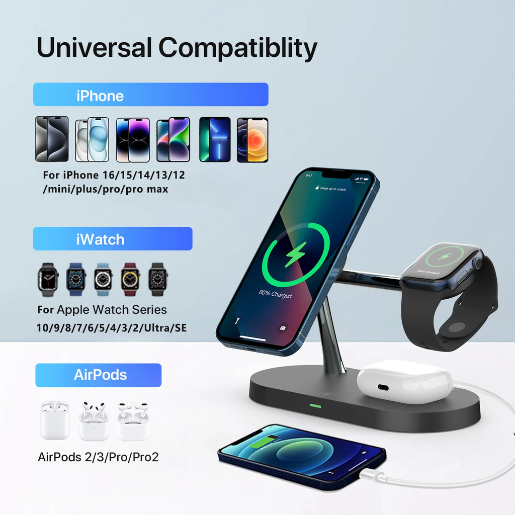 Bezprzewodowa ładowarka 3 w 1 dla iPhone'a 12/13/14/15/16/17 Szybka stacja ładująca dla Apple Watch 10 9 8 7 6 5 4 Airpods 2 3 Pro