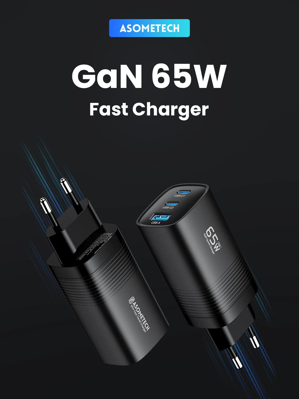 Ładowarka ASOMETECH GaN USB typu C 65 W 45 W PPS PD QC4.0 Szybka ładowarka do laptopów Macbook, tabletów iPad, iPhone'ów 16 i Samsung S23 Ultra