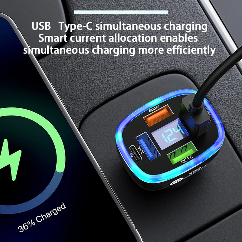 Ładowarka samochodowa UYUXIO USB C 6 w 1 z wyświetlaczem.
