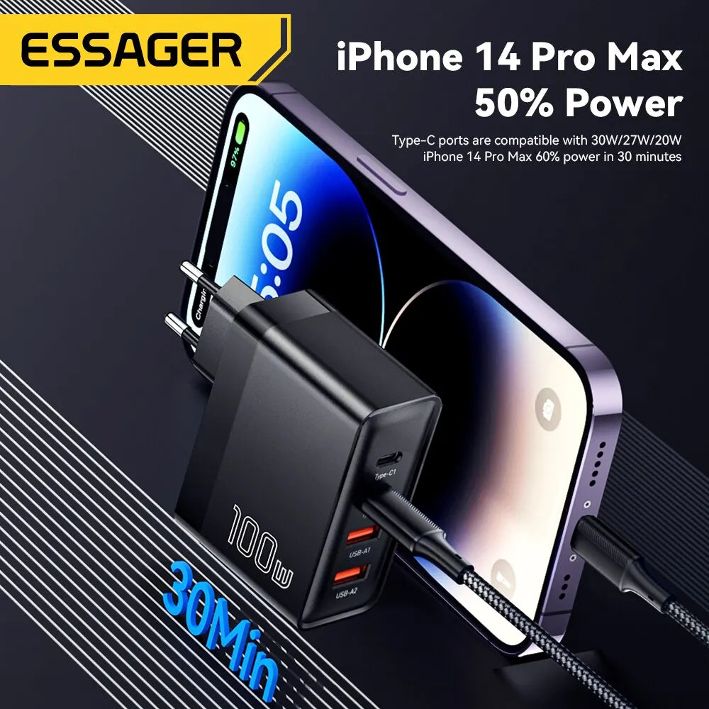 Nabíjačka Essager 100W GaN USB typu C PD QC Quick Charge 4.0 3.0 typu C rýchle nabíjanie pre iPhone 14 13 12 Xiaomi Macbook