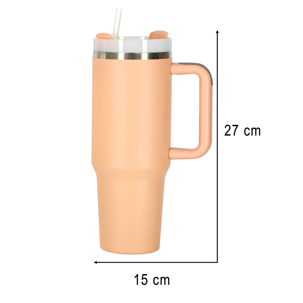 Kubek termiczny ze słomką i uchwytem termos 1200ml róż pudrowy ZESTAW 3 SZTUKI