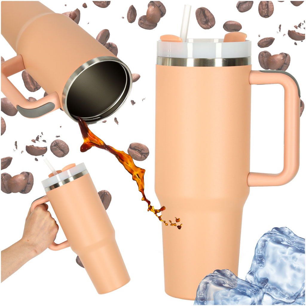 Kubek termiczny ze słomką i uchwytem termos 1200ml róż pudrowy ZESTAW 3 SZTUKI